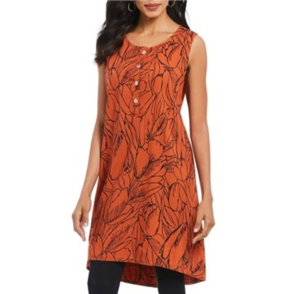 Bryn Walker Women's Orange Floral High Low Sleeveless Tunic Dress‎ Made in USA L